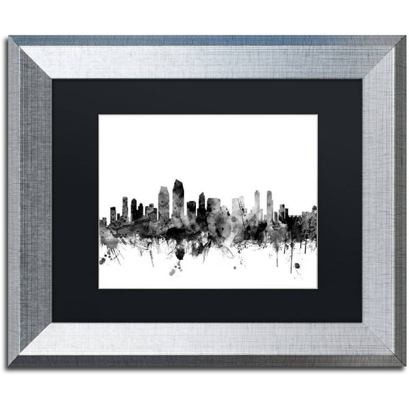 Trademark Fine Art "San Diego CA Skyline B&W" Canvas Art by Michael Tompsett, Black Matte, Silver Frame