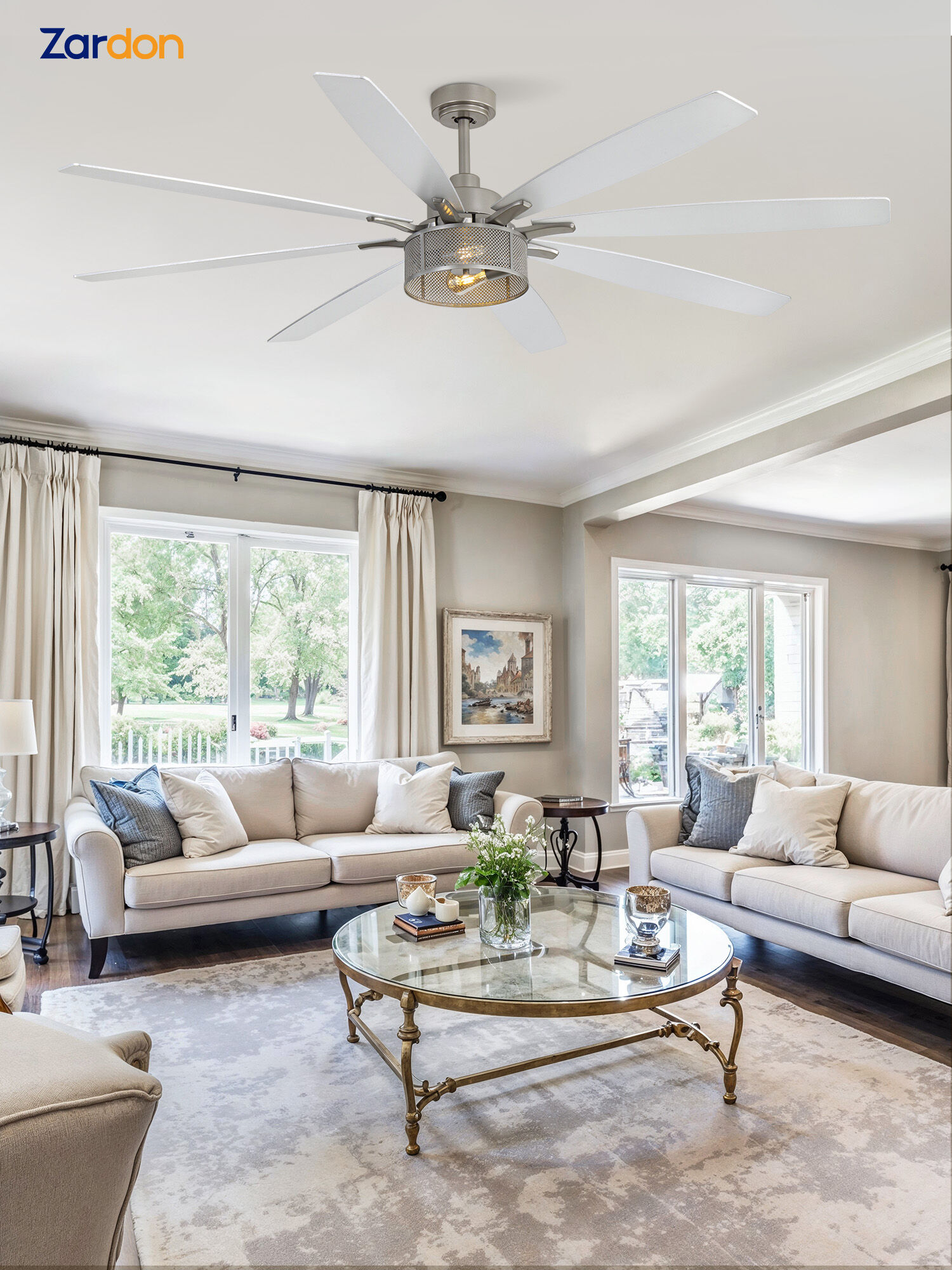 Zardon 72 Inch Farmhouse Ceiling Fan with Light and Remote Control, Quiet 6-Speed Reversible DC Motor, 8 Dual-Finish Blades for Indoor, Nickel