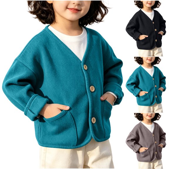 YUANxueke V Neck Sherpa Cardigan for Kids, Long Sleeve Button Down Jacket, Soft Warm Outwear with Patchwork Pockets