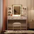 thumbnail image 3 of Vanity Desk with Lighted Mirror - Makeup Vanity Set with Power Outlet/Cushioned Stool - Vanity Table with 6 Storage Shelves - 2 Large Drawers and 3 Colour Light Adjustable Brightness - Marble White, 3 of 7