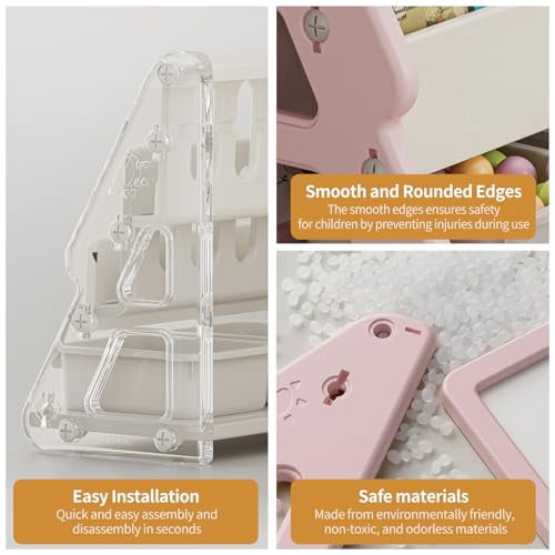 UNICOO® Toddler 3 in 1 Art Board Bookshelf and Organizer, 2-Tier Bookshelves with Storage Rack & Bins, Retractable Drawing Board, Lightweight & Compact for Nursery, Playroom (Pink & White)