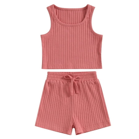 

Wallarenear 2Pcs Baby Girl Tracksuit Ribbed Knit Button Tank Tops Drawstring Rolled Shorts
