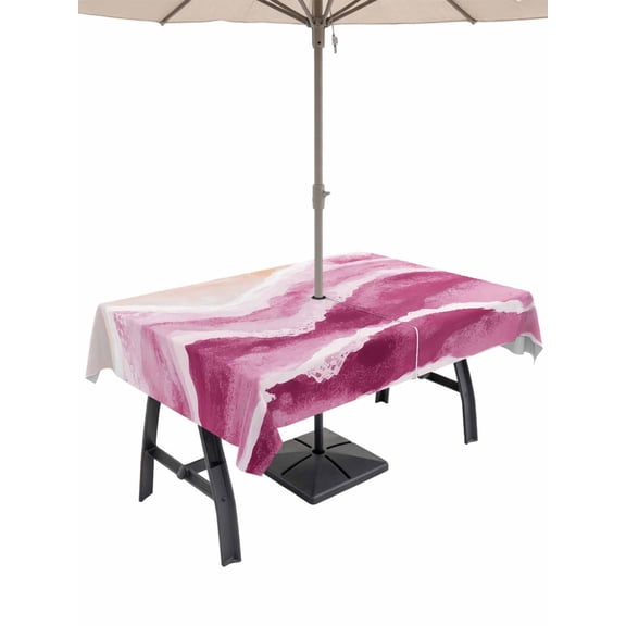 Pink Waves Coastal Outdoor Tablecloth with Umbrella Hole, Pink Ombre Summer Beach Oceans Spillproof Waterproof Outdoor Table Cover, Patio Tablecloths for Party Picnic Camping, Rectangle 60"x120"