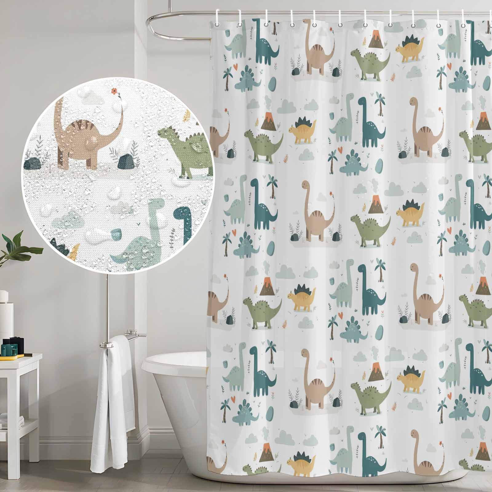 Shower Curtain Bathroom Set Cartoon Dinosaur Lovely Animals Waterproof Fabric Shower Curtains with Grommets&Hooks, Cute Cartoons Privacy Bath Curtain for Bathtub 60x72in
