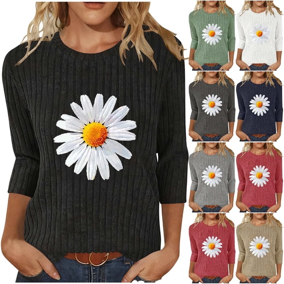 JTZGDY Cute Daisy Tops for Women Fall Lightweight Casual 3/4 Sleeve Round Neck Ribbed Knit Tunic Sweater Blouse Loose Fit Dressy Pullover Fashion 2025 Tshirts White S