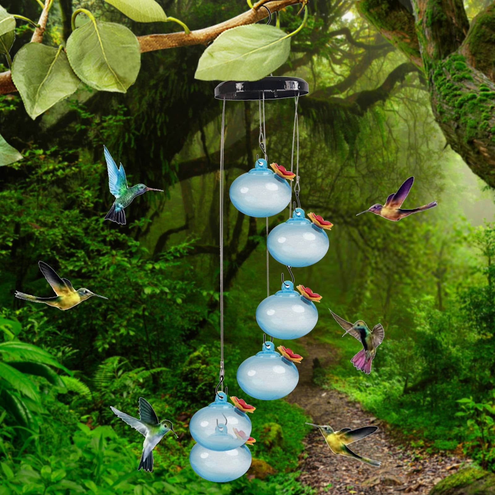Hummingbird Feeder for Window Garden Patio for Outdoors, Wind Chimes Hummingbird Feeder, Leak-Proof, Ant and Bee Proof, Unique Glass Humming Bird Feeder Perfect Garden Decor