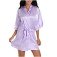 thumbnail image 2 of Lovskoo Women's 2024 Satin Robe Valentines Sleepwear for Women Kimono Bathrobe Short Ruffle Belted Robes Bridesmaids Sleepwear Sky Blue, 2 of 5