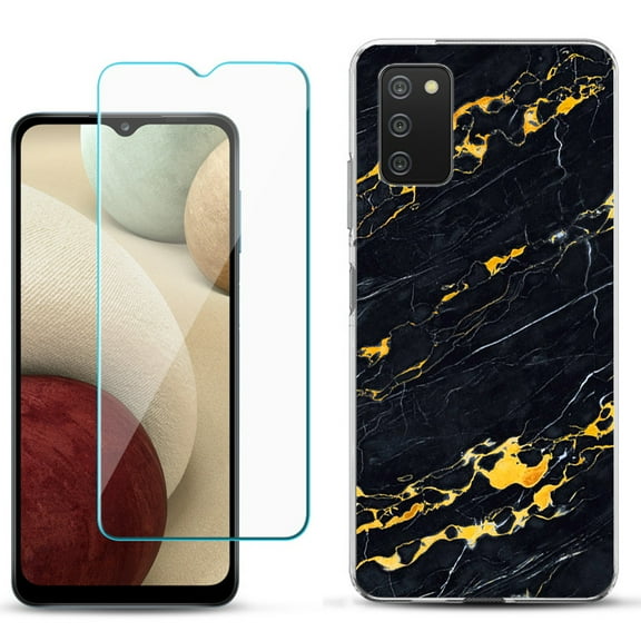 Slim-Fit TPU Phone Case Compatible with Samsung Galaxy A02s, with Tempered Glass Screen Protector, by OneToughShield ® - Marble / Lava