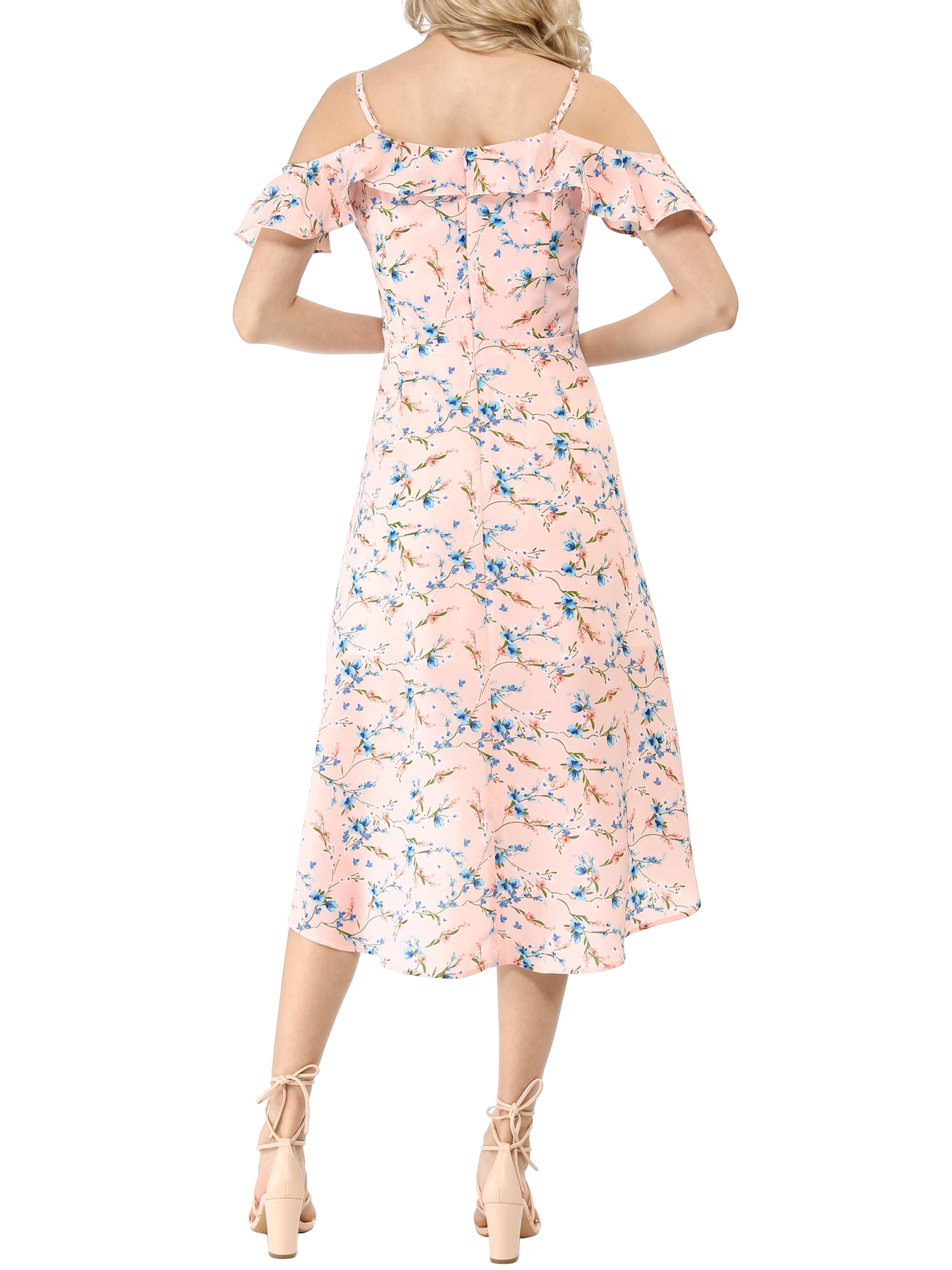 DARING DIVA Floral Spaghetti Straps Ruffled Sleeve Midi Dress S Pink
