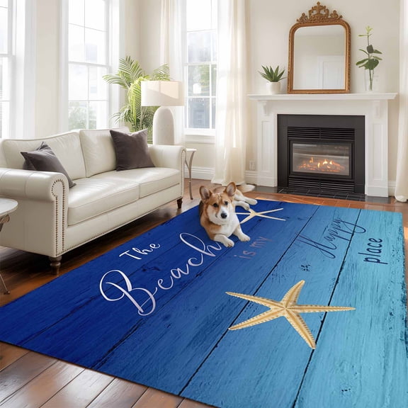 6'x9' Area Rugs, Starfish Blue Indoor Outdoor Area Rug for Living Room Bedroom, Ocean Coastal Gradient Wood Grain Washable Bathroom Rugs Kitchen Floor Carpet Mats Home Decor Aesthetic