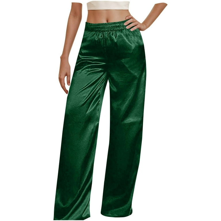 Kaemgyyd Satin Pants for Women Silk Soft Wide Leg Casual Dress Pants Summer Fashion Elastic Waisted Long Flowy Trousers, Women's, Size: Small, Green