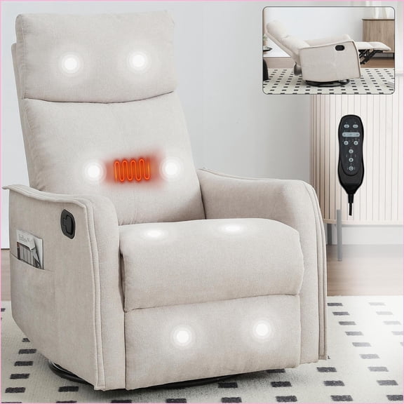 Recliners with 360° Swivel Rocker, Heat Massage Manual Recline Fabric Living Room Chair | Beige | Metal Base