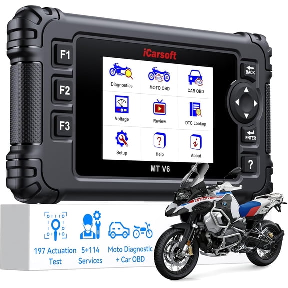 iCarsoft MT V6 Motorcycle Diagnostic Tool for BMW – Full System Scanner with 197 Actuation Tests, 115 Reset Services, ABS Bleeding, AutoVIN, Battery Test, OBD2 Code Reader for BMW Motorcycles & BMW