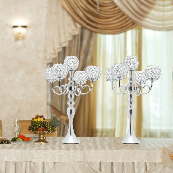 2 Pack 5-Arm Crystal Candelabra Centerpieces,  21.5 Inch Tabletop Candle Holder, Silver