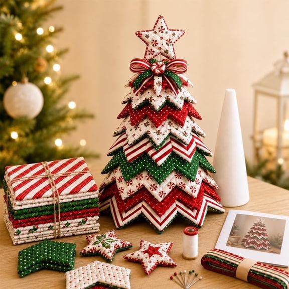 DIY Quilted Christmas Tree Craft Kit, Pre‑Cut Patchwork Fabric Sewing Set for Adult Beginners, Complete Accessories, 11.81 Inch Self‑Standing 3D Layered Tabletop Ornament for Xmas Home Holiday Decor