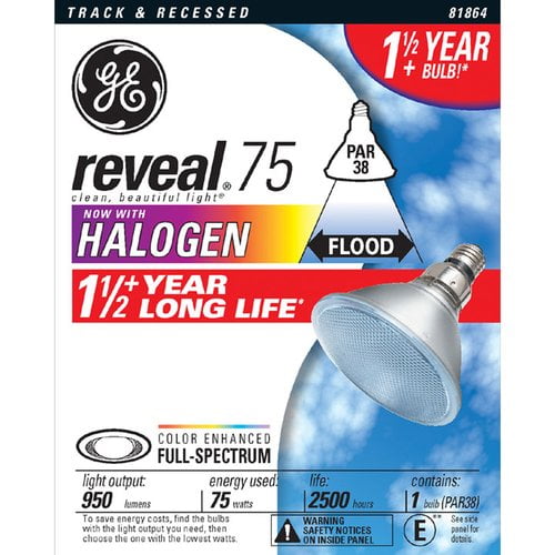 GE 81864 75Watt Reveal Halogen Long Life PAR38 Flood Light Bulb, 1Pack