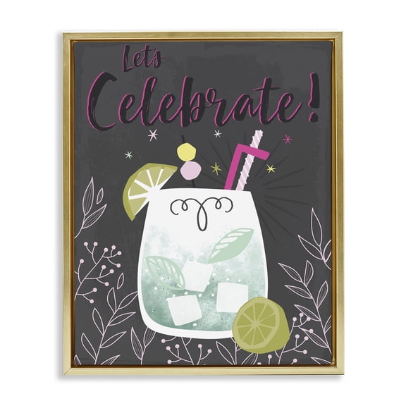 Stupell Industries Let's Celebrate Cocktail Food & Beverage Painting Gold Floater Framed Canvas Art Print Wall Art, 17 x 21