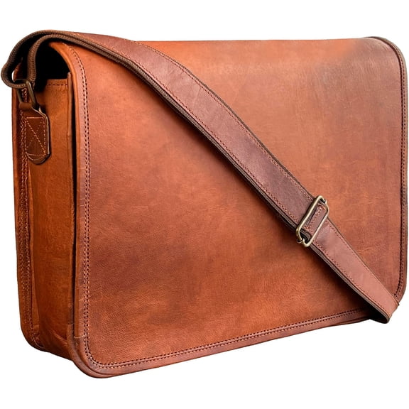 14" Leather Messenger Bag for Men & Women - Full Grain  Crossbody Satchel - Fits 13.3"/14" Laptop -  Briefcase for Work, Travel & College - Adjustable  Strap