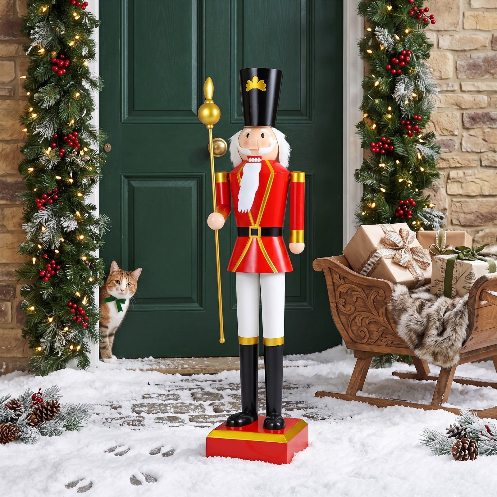 RUIE 4 FT Christmas Nutcracker Statue with High Hat & Scepter, Metal Holiday Nutcracker Soldier Figure with Hidden Lockable Storage for Indoor Outdoor, Black & Red
