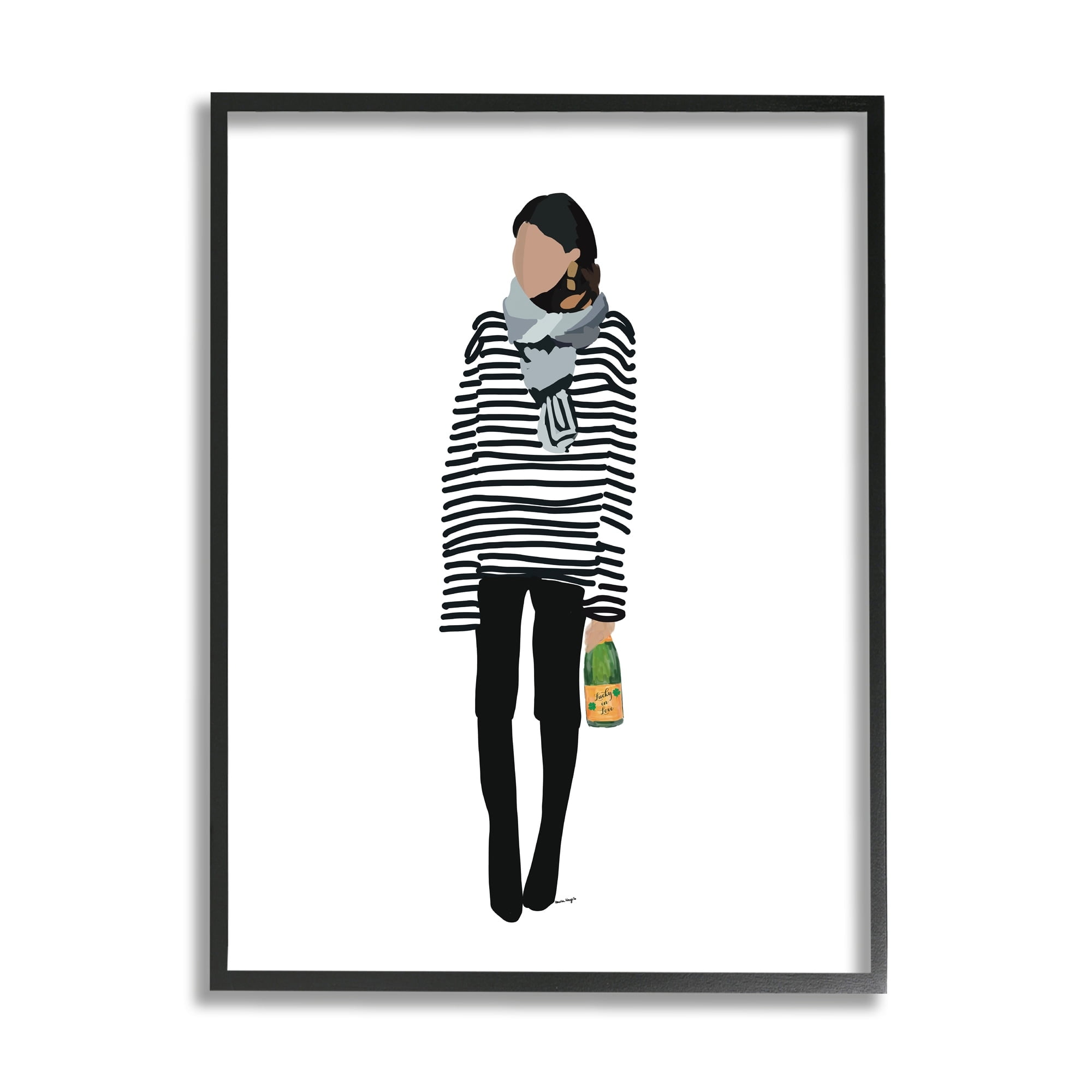 Stupell Industries Trendy Stripes Fashion Girl Beauty & Fashion Painting Gray Framed Art Print Wall Art