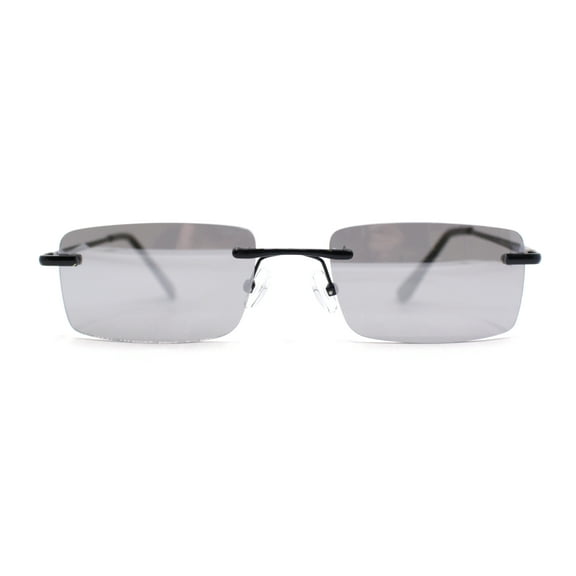 Rimless Narrow Rectangle Minimal Simple Dad Sunglasses Black - Silver Mirror