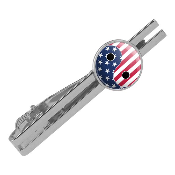 USA Patriotic Yin and Yang American Flag Round Tie Bar Clip Clasp Tack Silver Color Plated