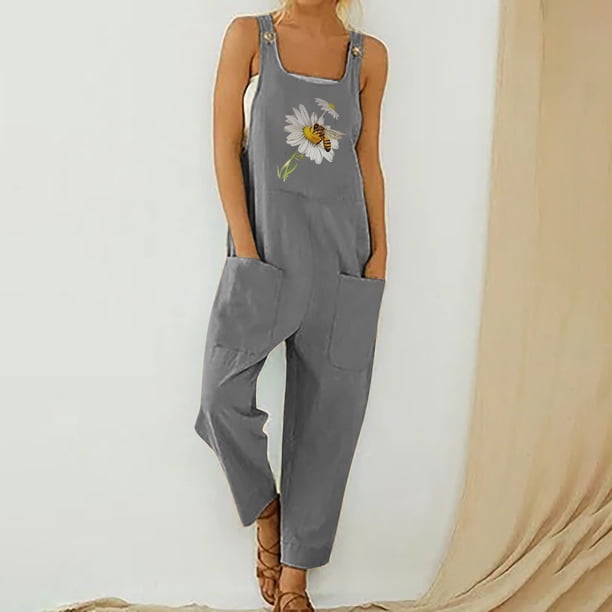 Mamelucos con estampado de plantas de algodón y lino para mujer, pantalones, pantalones informales Pompotops qyievc401