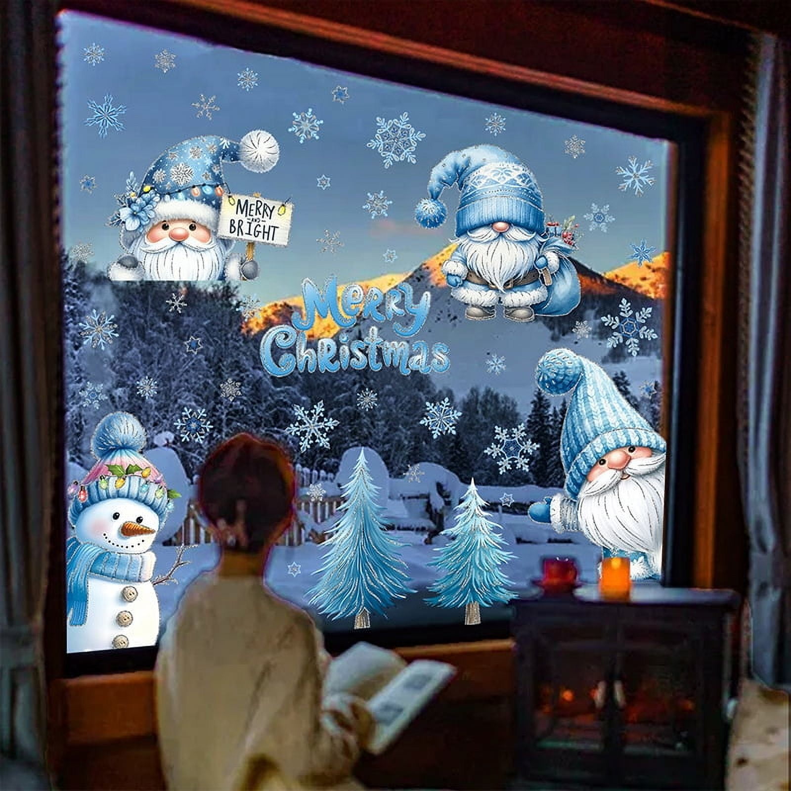 190 Pcs Stereoscopic Effect Christmas Window Clings, Double-Sided Printed Santa Claus Snowflake Window Stickers, Self Adhesive Window Decal Decoration for Xmas Holiday Winter Party