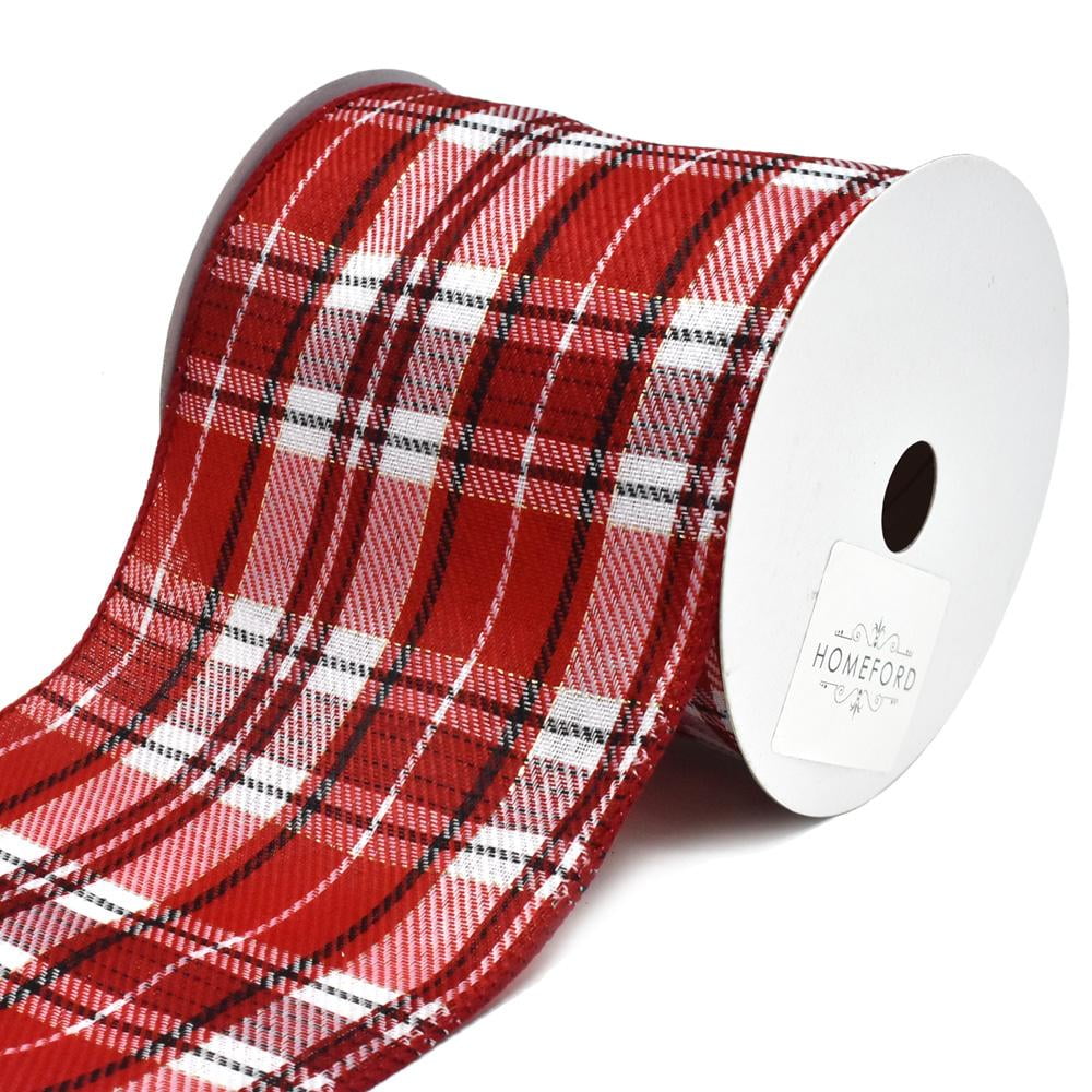 Spearmint Twill Holiday Plaid Wired Christmas Ribbon with Gold Detail, 4-Inch, 10-Yard, Red 