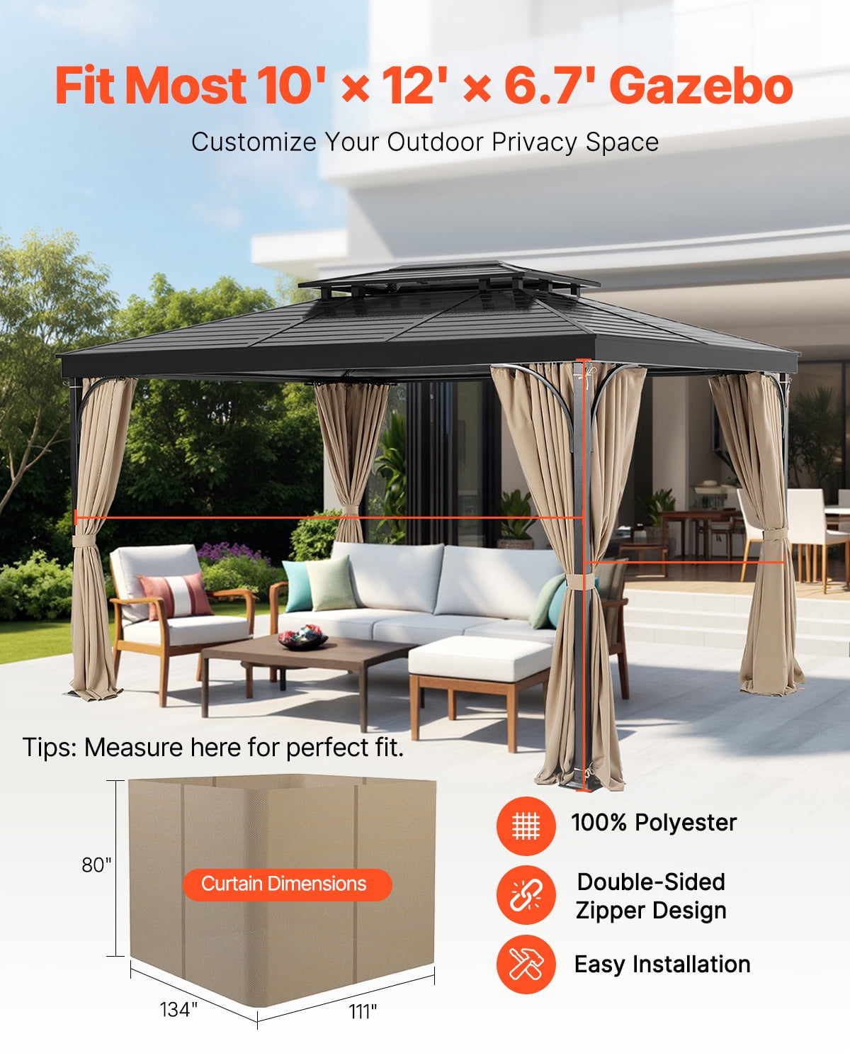 VEVOR Gazebo Curtains Outdoor, Fit Most 12' x 10' x 6.7' Gazebos, 4-Panel Sidewall Gazebo Privacy Curtains with Zippers, Outdoor Curtain Replacement for Patio Canopy, Only Curtain, Khaki