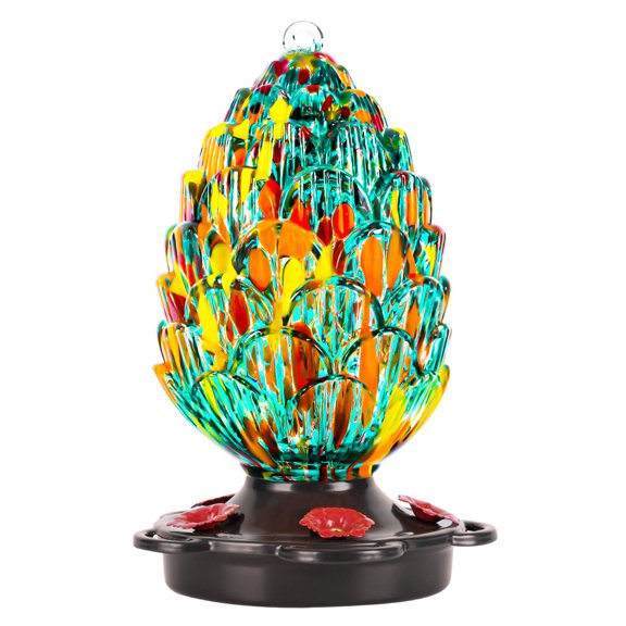 LUJII Pine Cone Shaped Hand Blown Glass Hummingbird Feeder for Outdoors Hanging, Rust Proof & Leak Proof, 25 fl.oz, Unique Gift for Women, Garden & Backyard Decor, Teal