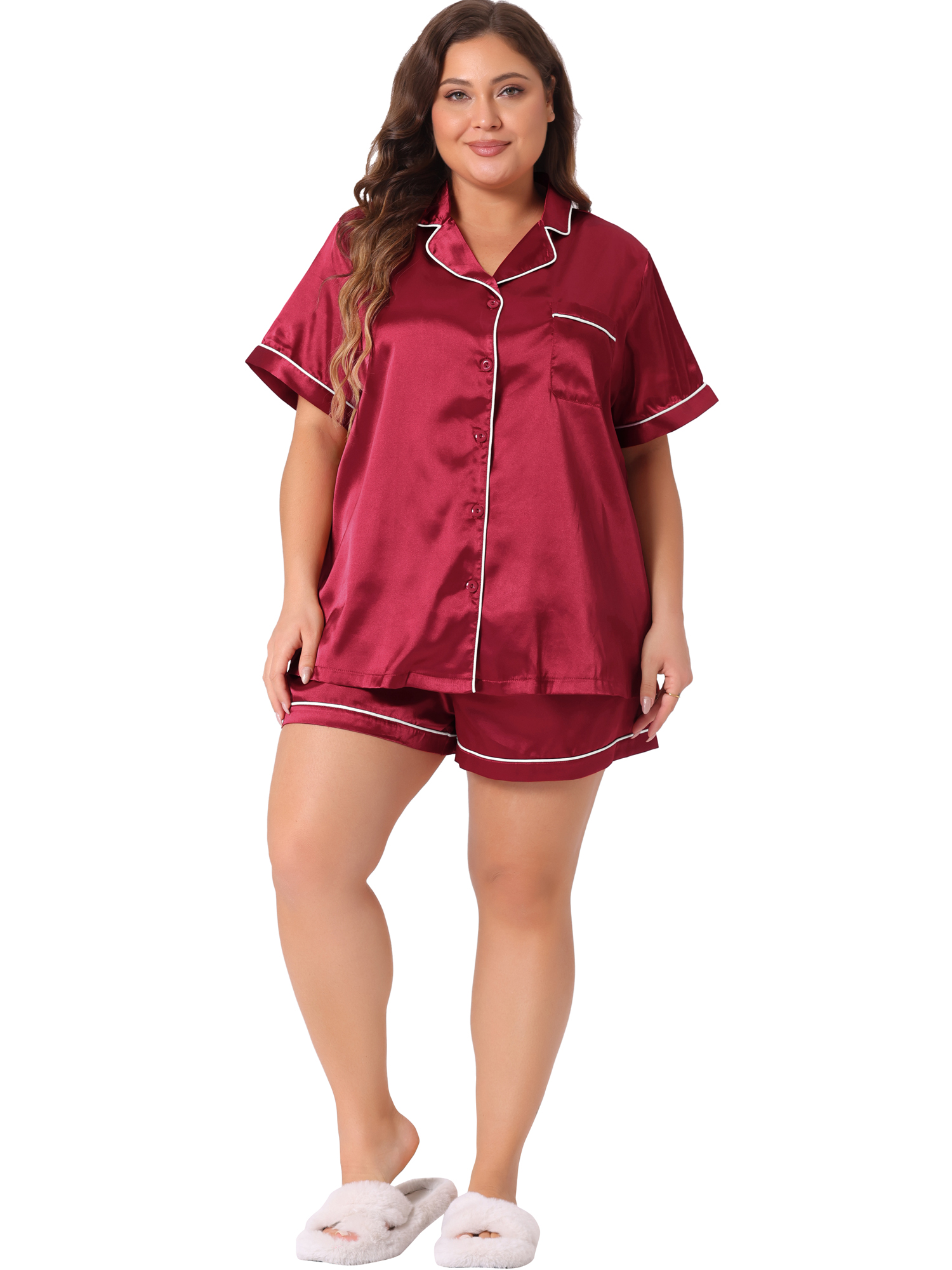 DARING DIVA Women's Plus Size 2-Piece Satin Button Down Pajamas Set 3X Burgundy