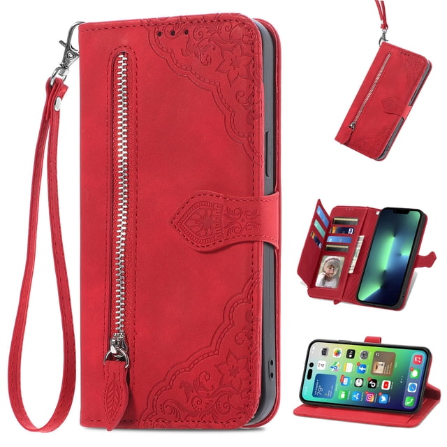 for iPhone 13 Pro Max, iPhone 13 Pro Max Wallet Case for Women Men, Durable Embossed PU Leather Magnetic Flip Zipper Card Holder Phone Case with Wristlet Strap, Red