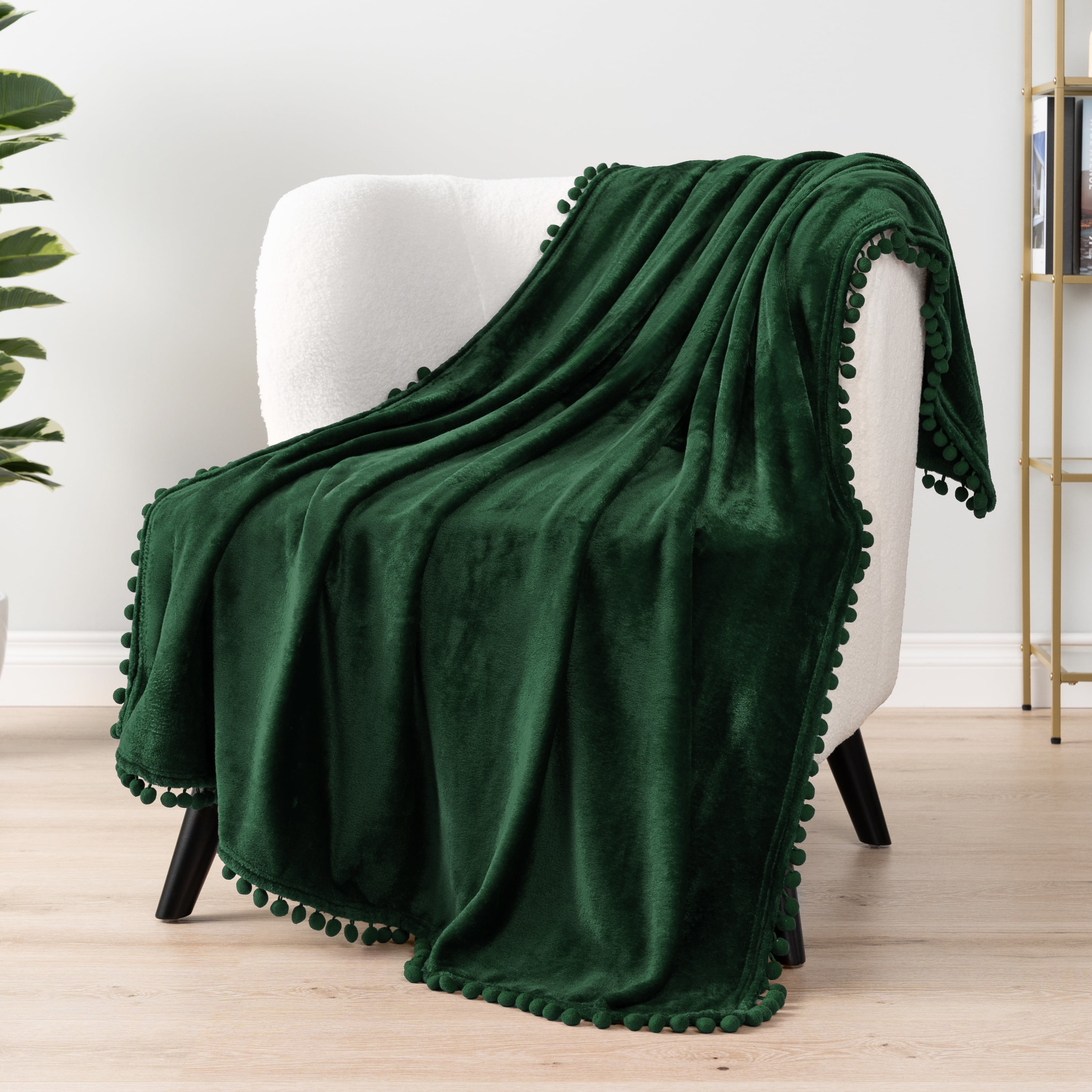 PAVILIA Fleece Throw Blanket for Couch with Pom Pom Fringe, Emerald Green, Soft Cozy Fuzzy Flannel Blanket for Sofa Bed, Large Lightweight Plush All Season Throw, 60x80 Inches