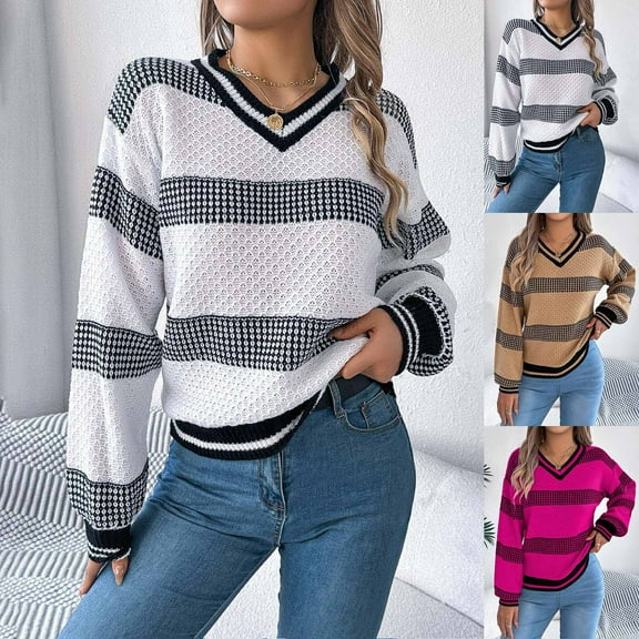 Sentmoon Pullover Sweaters for Women V Neck Lightweight and Warm Knitted Long Sleeve Lightweight Tops & Blouses Color Block Loose Petites Tops for Women Fall and Winter for Weekend Outings