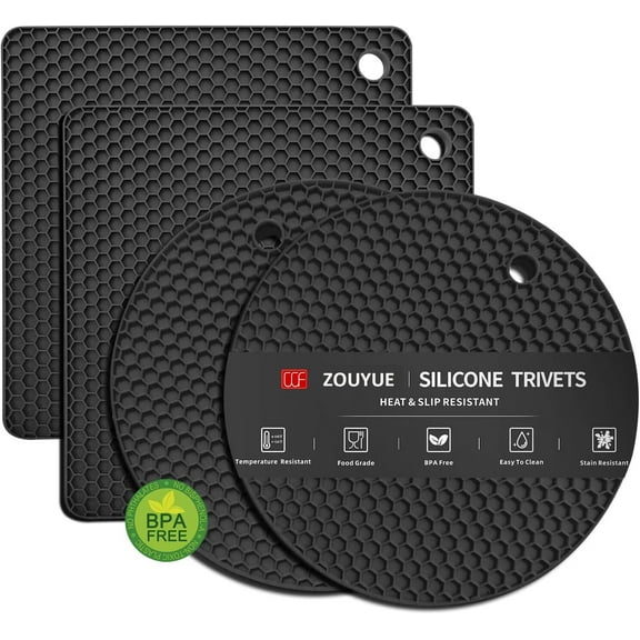 4 Pack Black Trivets for Hot Dishes,Hot Pads Silicone Pot Holders for Kitchen,Non-Slip Heat Resistant Silicone Mat for Countertops,Spoon Rest,Multipurpose Food Grade Thick Silicone Trivet