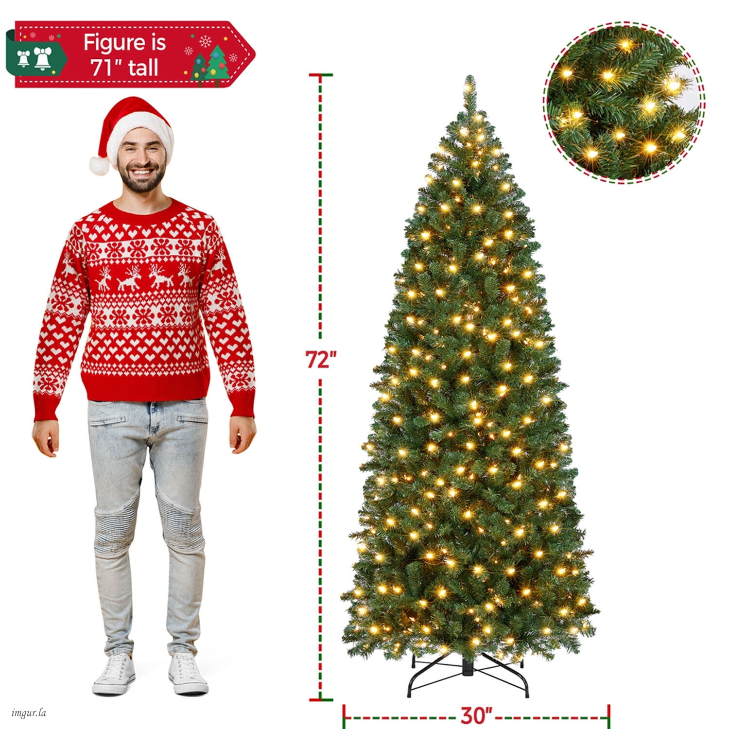 Alden Design 6FT Pre-lit Pencil Artificial Christmas Tree, Hinged Xmas Fir Tree with 250 LED Lights,Green