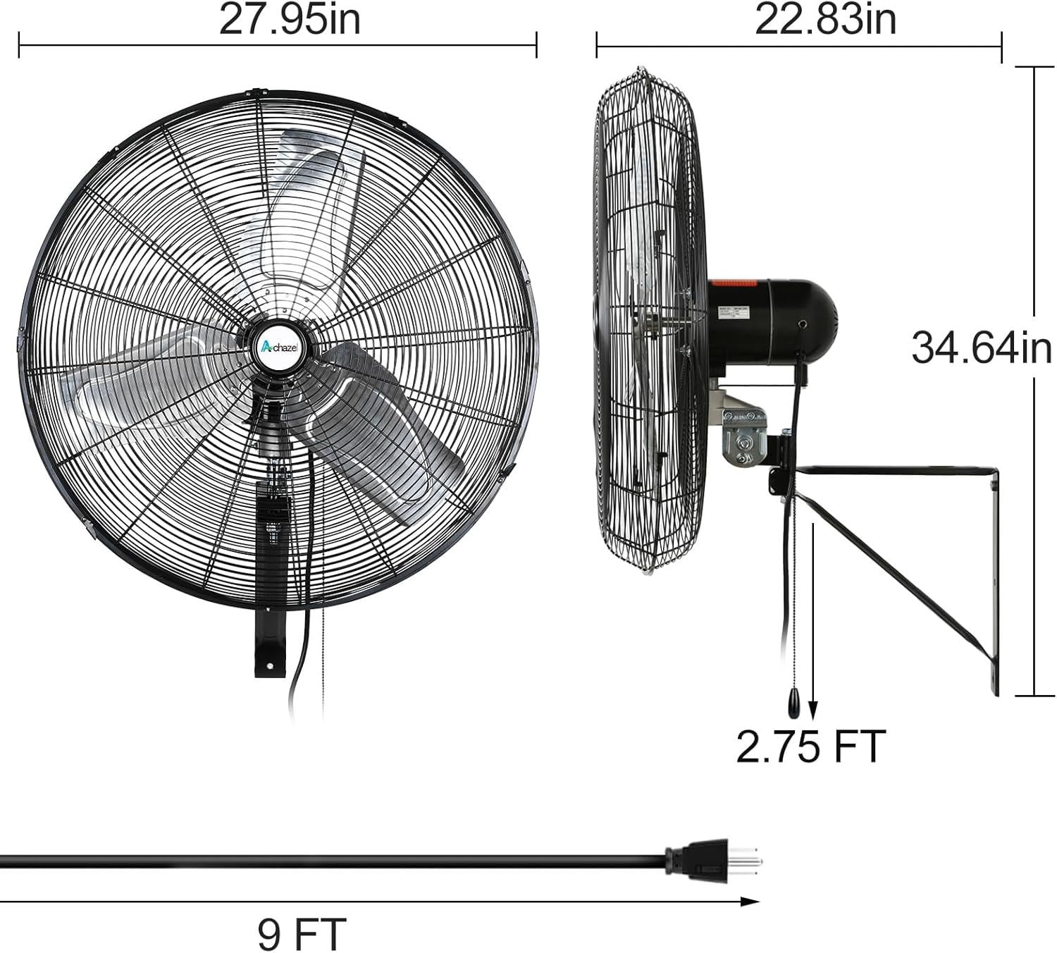 Achazel 24" Industrial Wall Mount Fan, 3-Speed 6500 CFM High Velocity Oscillating Heavy Duty Air Circulator for Garage Warehouse Shop, UL Listed
