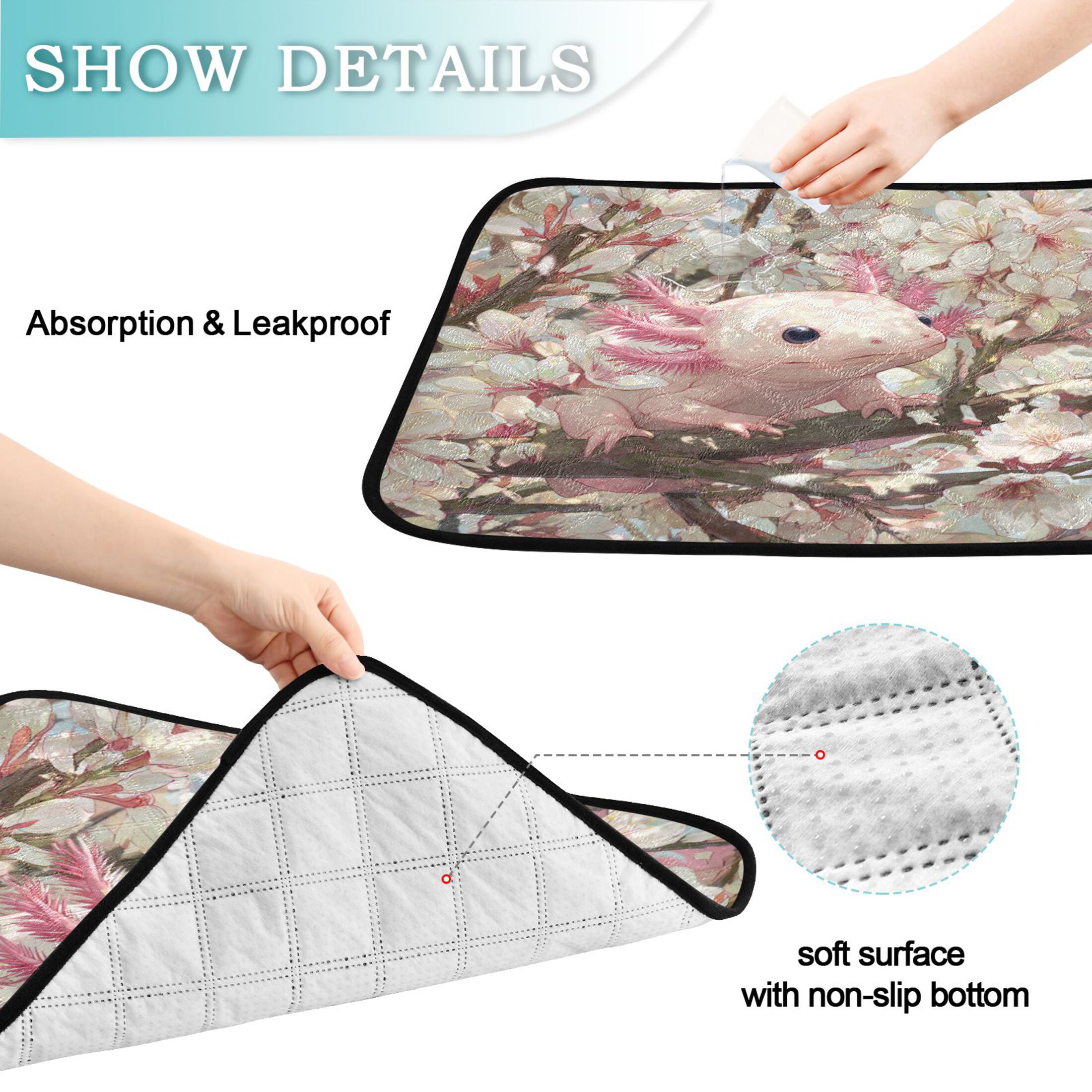 Qxltty Axolotl Cherry Blossom Cat litter Pads Pet Set of 3 Diaper Mats Center Anti-leakage Layer Absorbent Soft and Comfortable