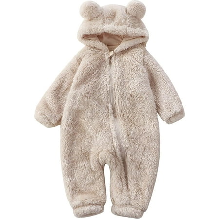

LanJun Newborn Infant Baby Girls Boys Cute Solid Long Sleeves Cartoon Bear Ears Fleece Footed Hooded Zipper Baby Overalls
