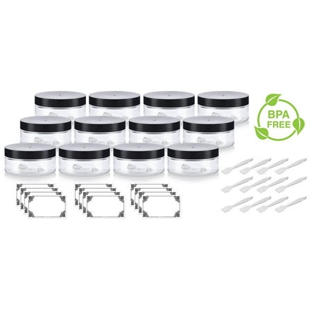 3 Oz Plastic Jar - Clear PET Plastic (BPA Free) Refillable Low Profile Jar - 3 oz (12 pack) + Spatulas and Labels