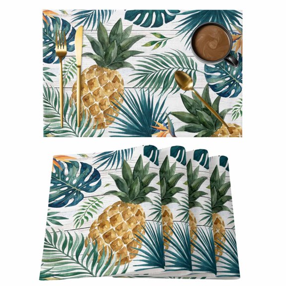 Pineapple Placemats Set of 8 Summer Fruits Tropical Palm Monstera Leaves Place Mats Indoor Wipeable Table Mats Washable Cloth Dining Table Placemats for Kitchen Holiday Party Home Decor 13x19 Inch