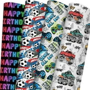GIOLAINY Birthday Wrapping PresNok Paper for Kids Boys Girls - Gaming Controllers, Monster Trucks, Soccer Balls, Neon "Happy Birthday" Words Design - 8 Sheets (29 x 20 Inches), Easy to Store