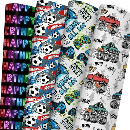 GIOLAINY Birthday Wrapping PresNok Paper for Kids Boys Girls - Gaming Controllers, Monster Trucks, Soccer Balls, Neon "Happy Birthday" Words Design - 8 Sheets (29 x 20 Inches), Easy to Store