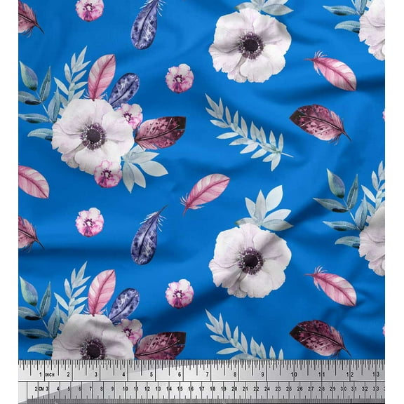 Soimoi Blue Cotton Duck Fabric Leaves & Anemone Floral Print Fabric by the Yard 42 Inch Wide