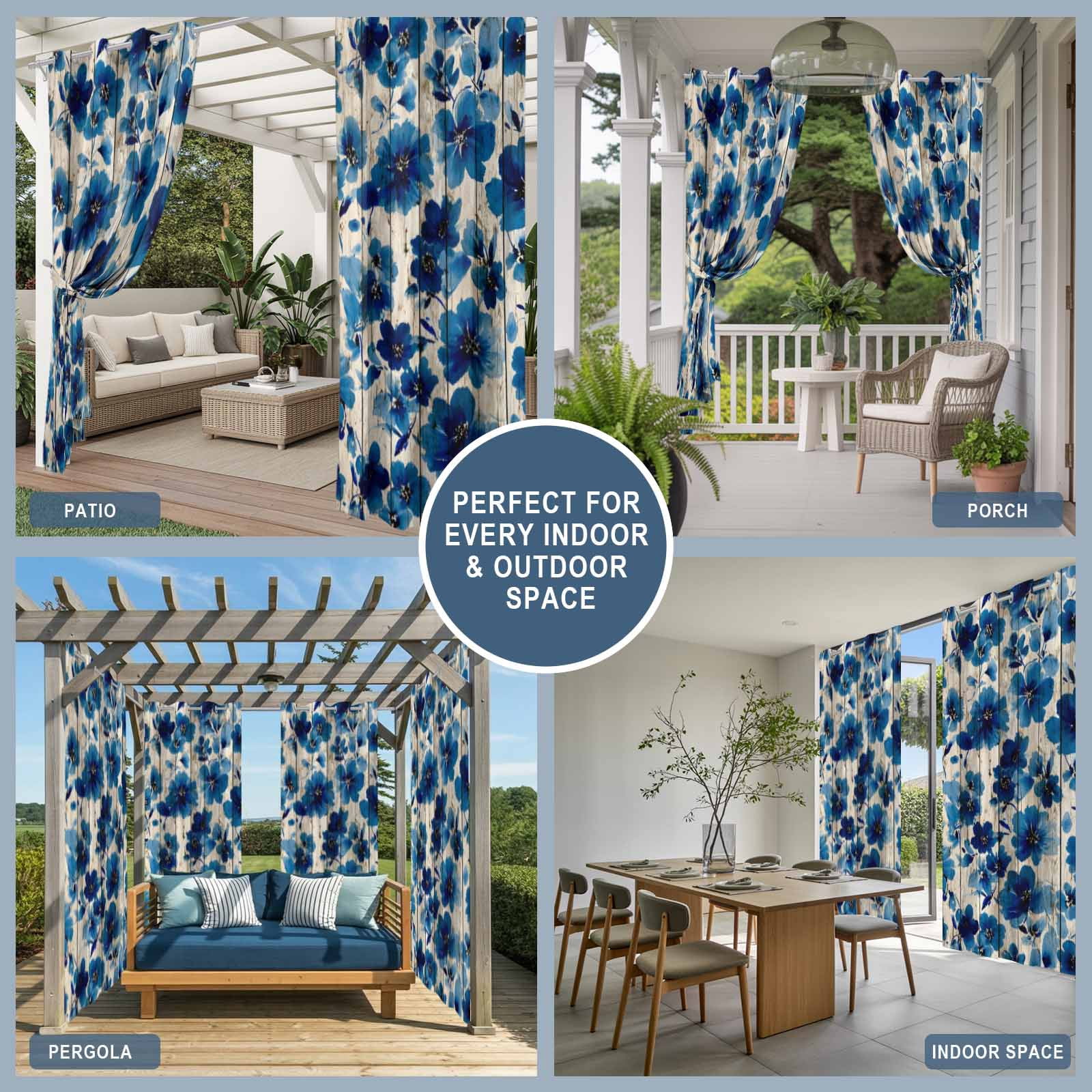 Blue Flower Outdoor Curtains for Patio, Watercolor Floral Vintage Wood Striped Country Sunshade Privacy Drapes Grommet Waterproof Outside Curtains for Porch/Cabana/Balcony 54"x 108", 1 Panel