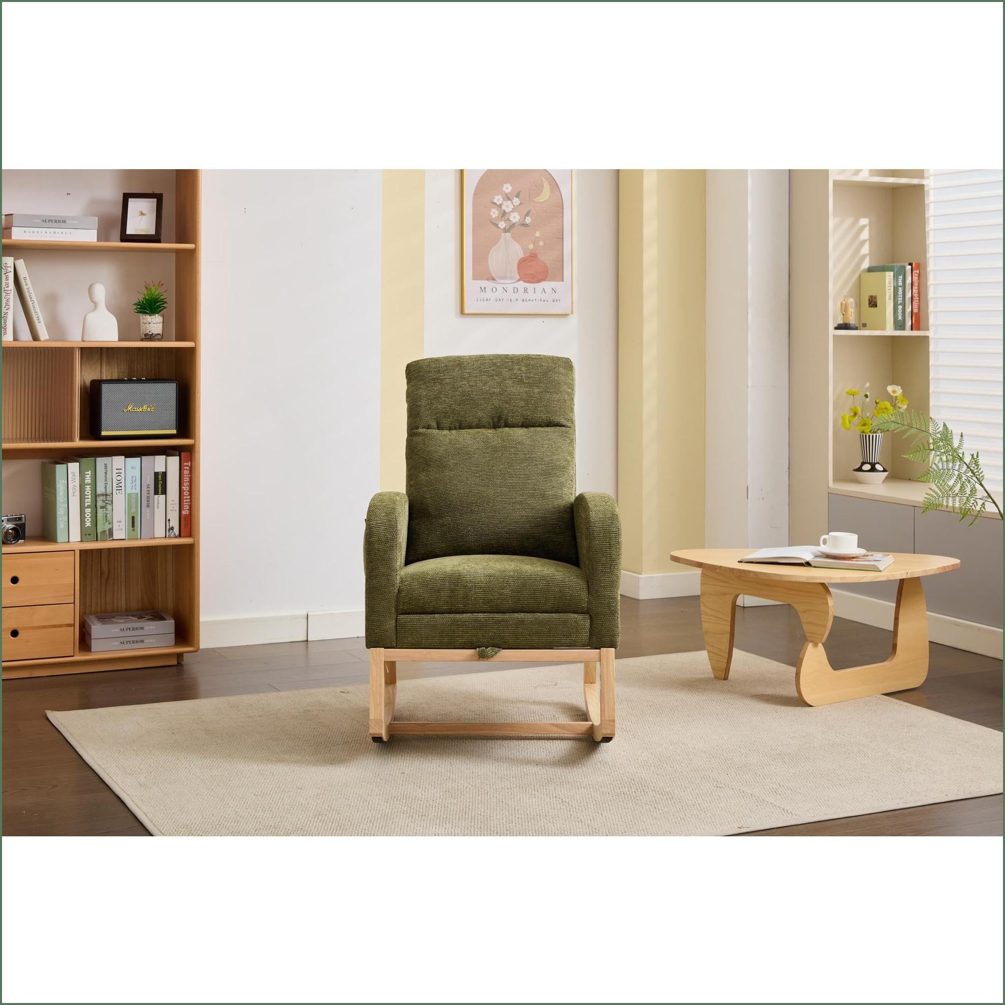Rocking Chairs, Modern Upholstered Nursery Glider with Solid Wood Legs, High Backrest & Side Pocket | Polyester Blend | Teddy Fabric