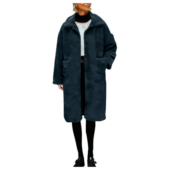 Women's Winter Faux Fur Coats Long Sleeve Lapel Button Down Fleece Sherpa Jacket Casual Trendy Outerwear with Pockets