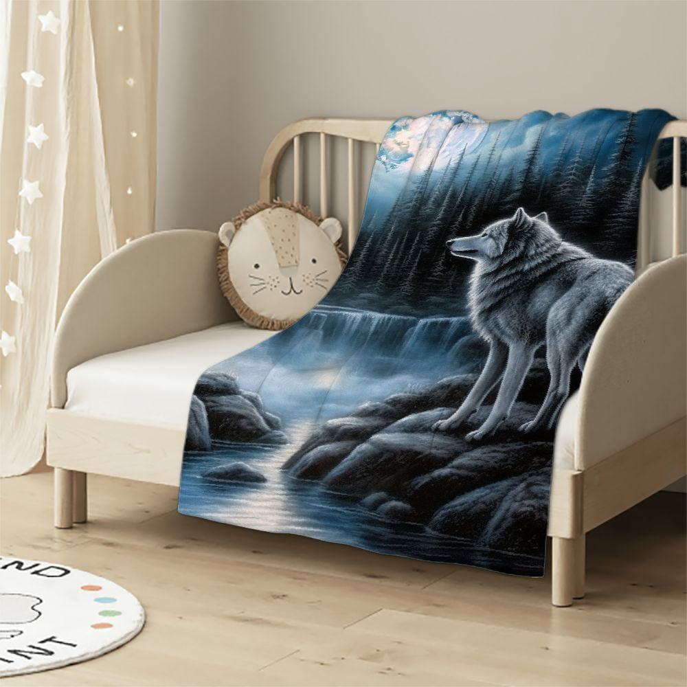 RUIYC Wolf Blanket Printed Howling Wolf Moon Blanket Plush Thick 8lb Queen Throw for Couches Sofas or Beds Blue Walmart