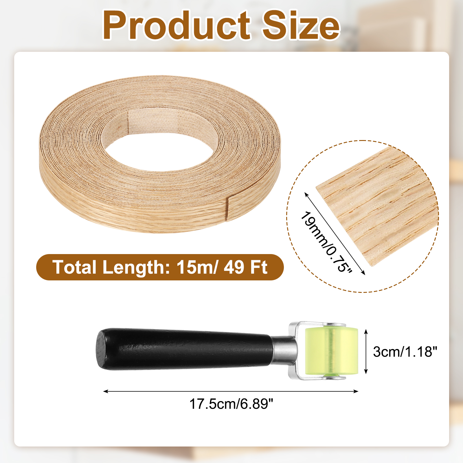 Uxcell 3/4" x 49 ft Wood Edge Banding, Pre-Glued Flexible Veneer Tape Edging Strip, Plywood Wood Grain Repair Tape for Cabinet Repair, Furniture Restoration, Handicraft DIY, White Oak